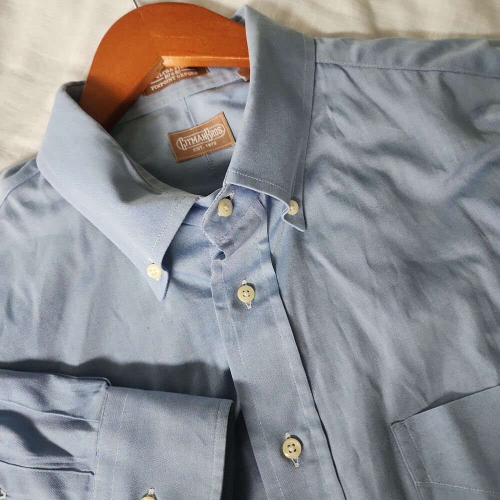 Gitman Bros Ultra Fine Pinpoint Oxford Dress Shirt Mens Size 18.5 35 Light Blue